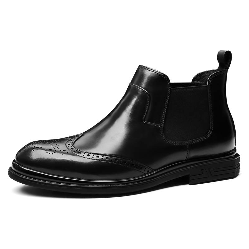 SHENGDAQISHI Cow Leather Short Chelsea Boots Men's Black