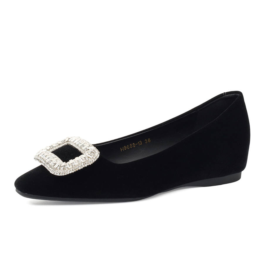 Lanza French Low Vamp Hidden Wedge Rhinestone With Skirt Lazy Slip on Buckle Shoes Suede Casual Shoes 1CM Women's