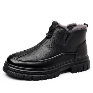 DAISHUTOU Top Grain Cow Leather Thermal Short Snow Boots Unisex Black