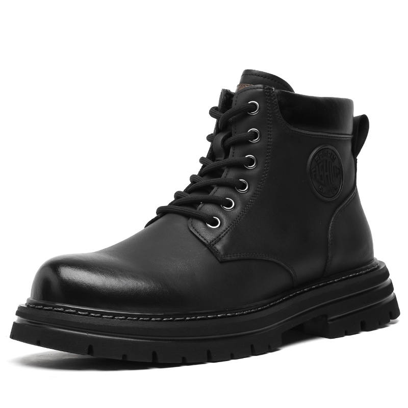 CITONGXIANSHENG Cow Split Leather Short Mid Calf Combat Boots Men's Black