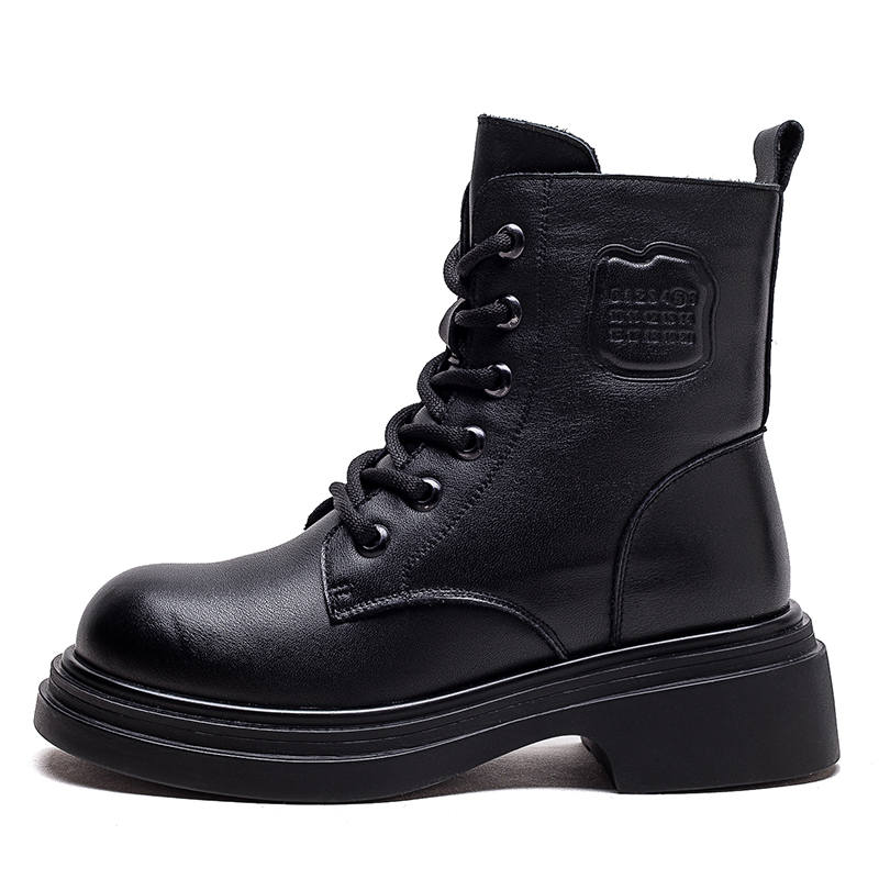 YAOQIA Top Grain Cow Leather Short Combat Boots 5cm Women's