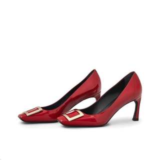 YING YING Patent Leather Versatile Spool Heel High Heels 7cm Women's Burgundy
