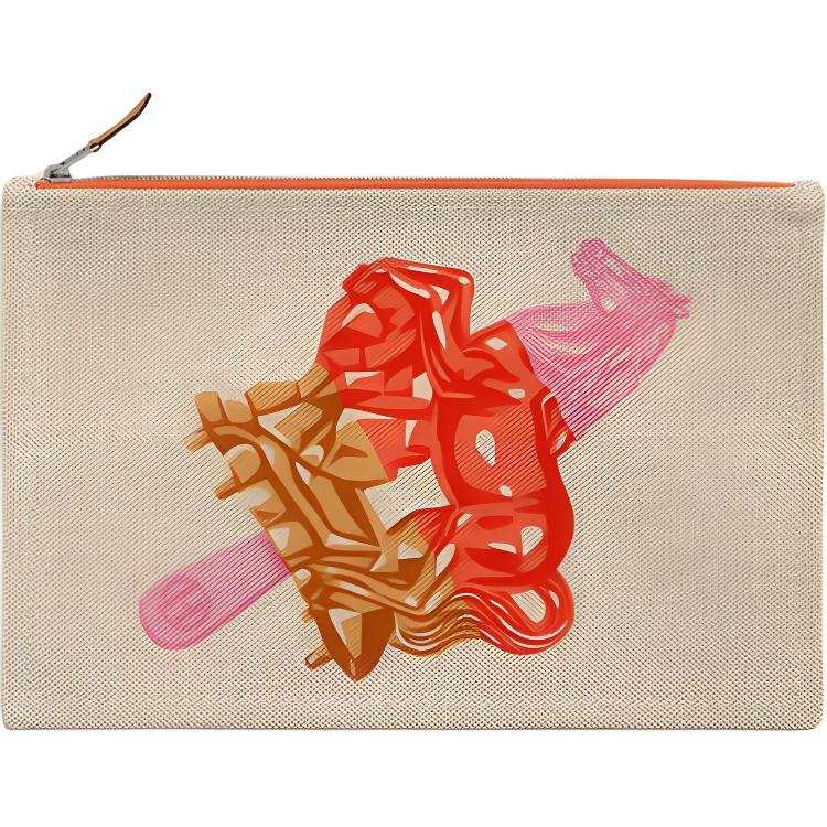 HERMES Cotton Travel Storage Bag Unisex Earth Yellow & Red