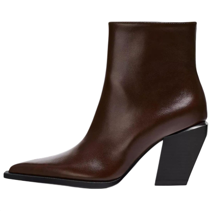 ZARA New Year Cow Leather Ankle Boots 9cm Women's Dark Red Color