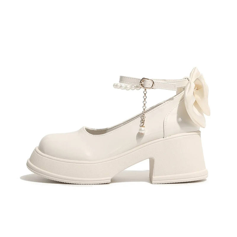 7 SEVFUN Sweet Style Fairy Style, Pearl Bowknot, Elegance Soft Chunky Heel Mary Jane Shoes Women's