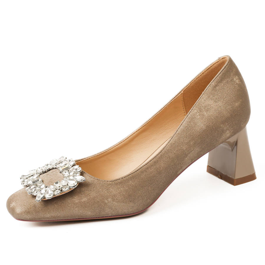 Qiandongmeili Leather Chunky Heel High Heels 5.5cm Women's Apricot