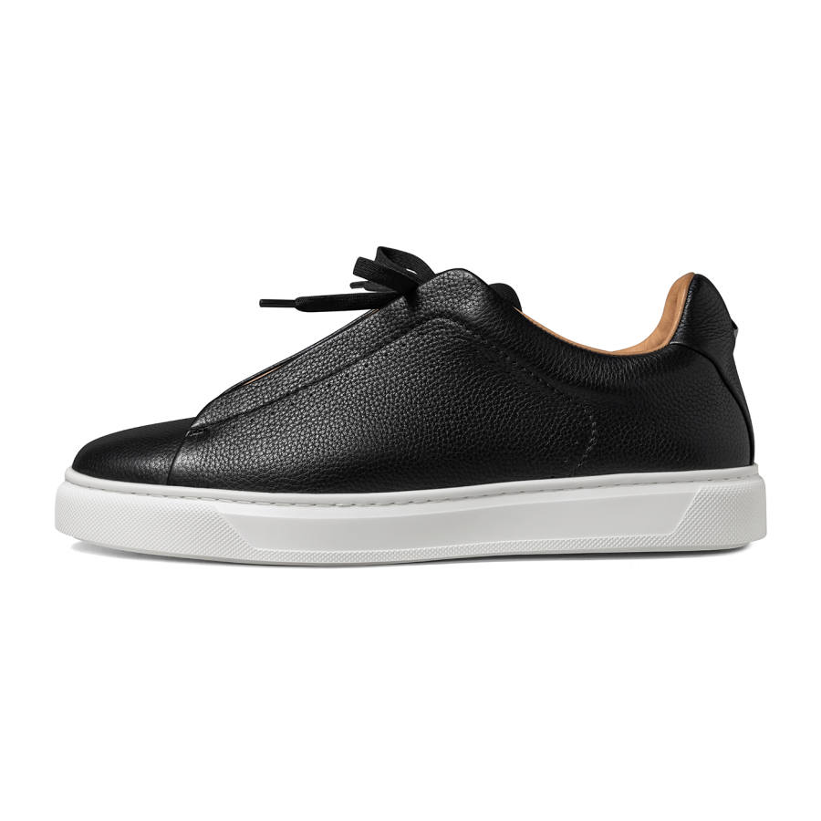 THOM WILLS Trendy Versatile Casual Slip on Cow Leather Low top Skateboard Shoes Men's Black