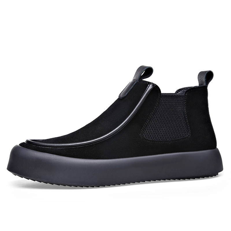 KAQIAODI Cow Suede Versatile Comfortable Minimalist Style, Fleece Lined Short Chelsea Boots Men's Black