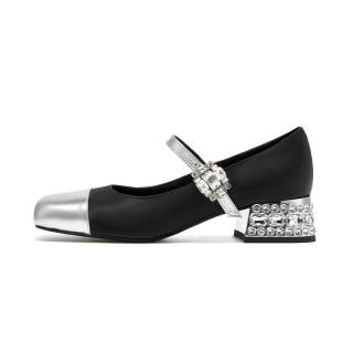 SHOESZOOO Square Toe Buckle Multicolor Small Leather Shoes Cow Leather Chunky Heel Mary Jane Shoes 4cm Women's