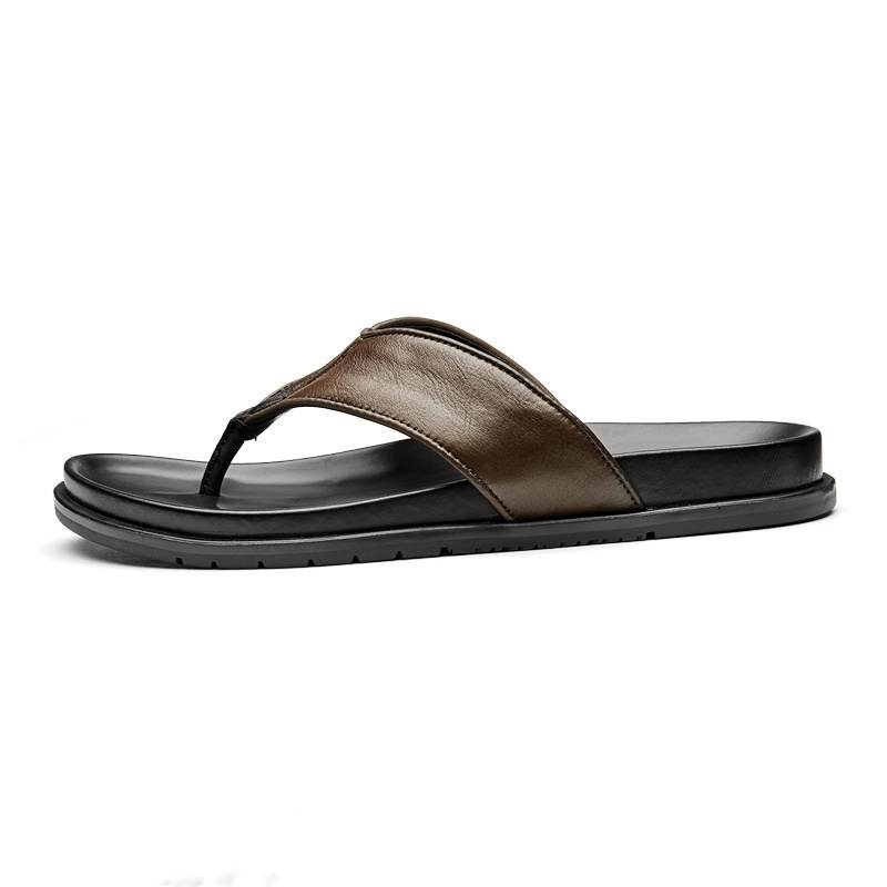 Brounvanm Brounvanm Top Grain Cow Leather Flip Flops Men's Light Brown