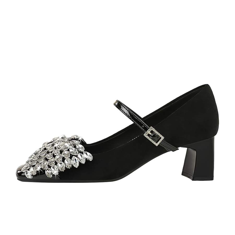 QITUMAUL Suede Chunky Heel Mary Jane Shoes Women's Black