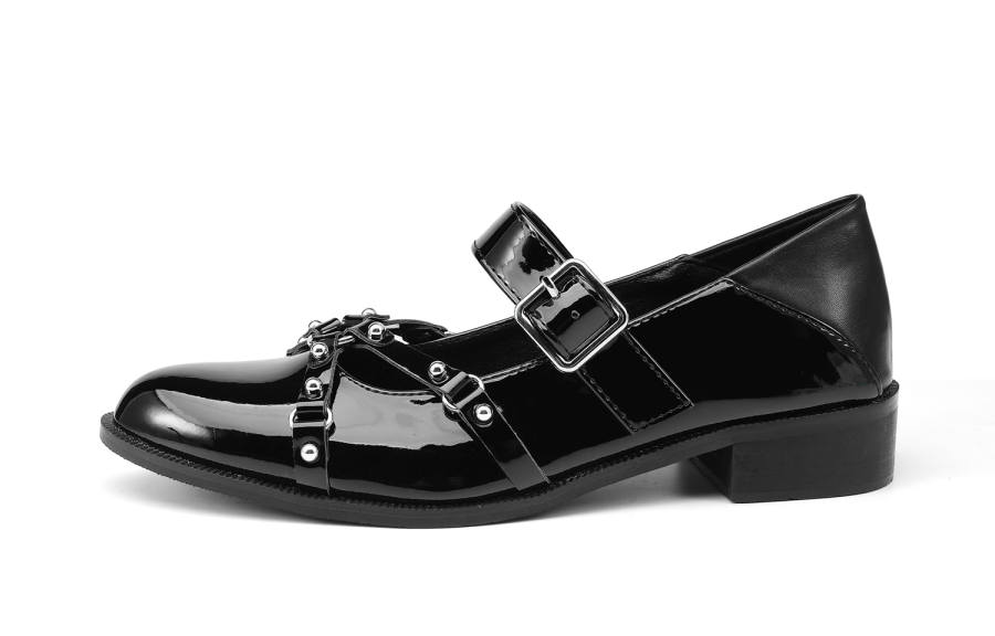 EstherShop Microfiber Leather Chunky Heel Mary Jane Shoes Women's Black