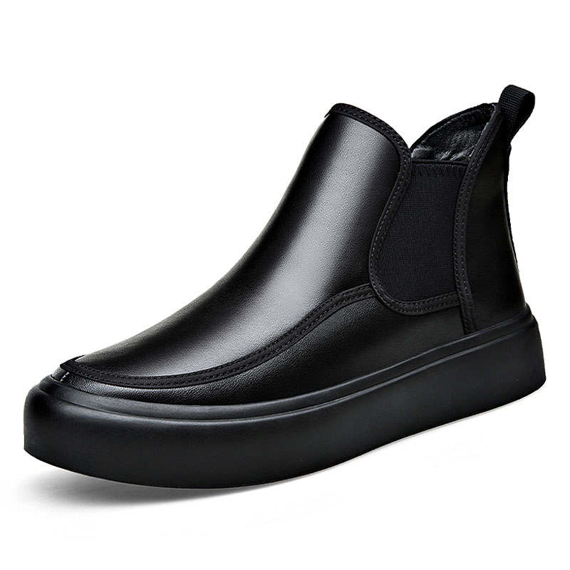 KAQIAODI Cow Split Leather British Vintage, Platform Fleece Lined Short Chelsea Boots Men's Black