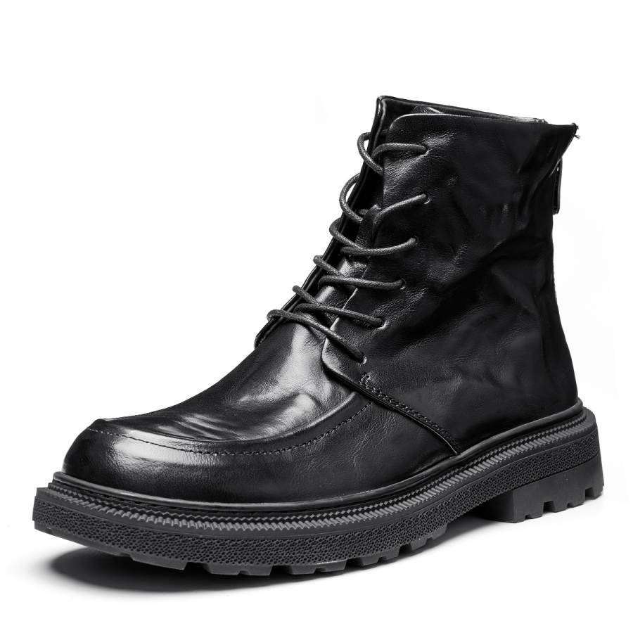 Brounvanm Top Grain Cow Leather Crew Combat Boots 4CM Men's Black