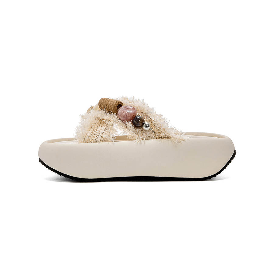 JOSINY Fringe Fuzzy Quiet Abrasion Resistant Slide Slippers Women's Ecru