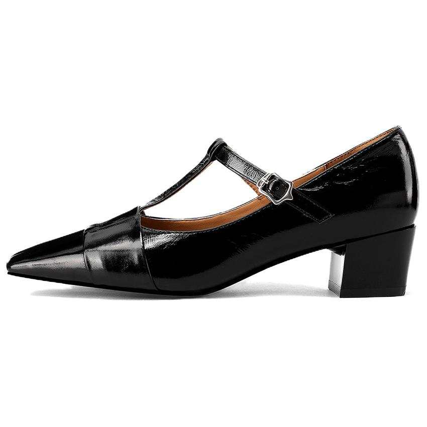 GOLDLION Cow Leather Chunky Heel Mary Jane Shoes Women's