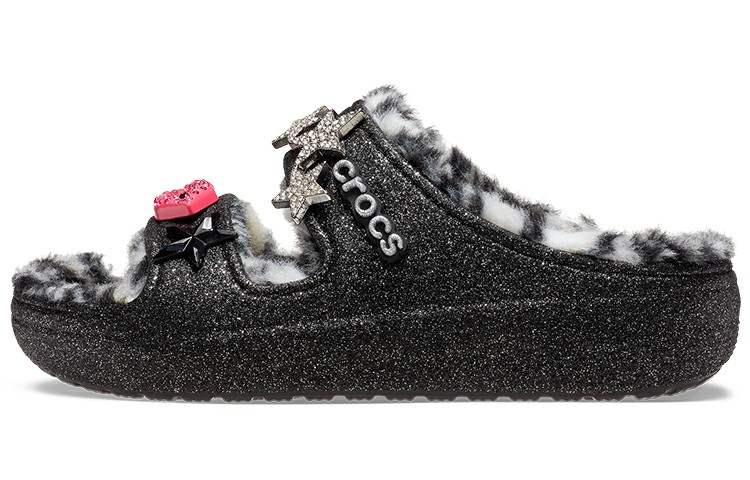 Crocs Classic Cozzzy Disco Glitter Sandals 'Black' Women's