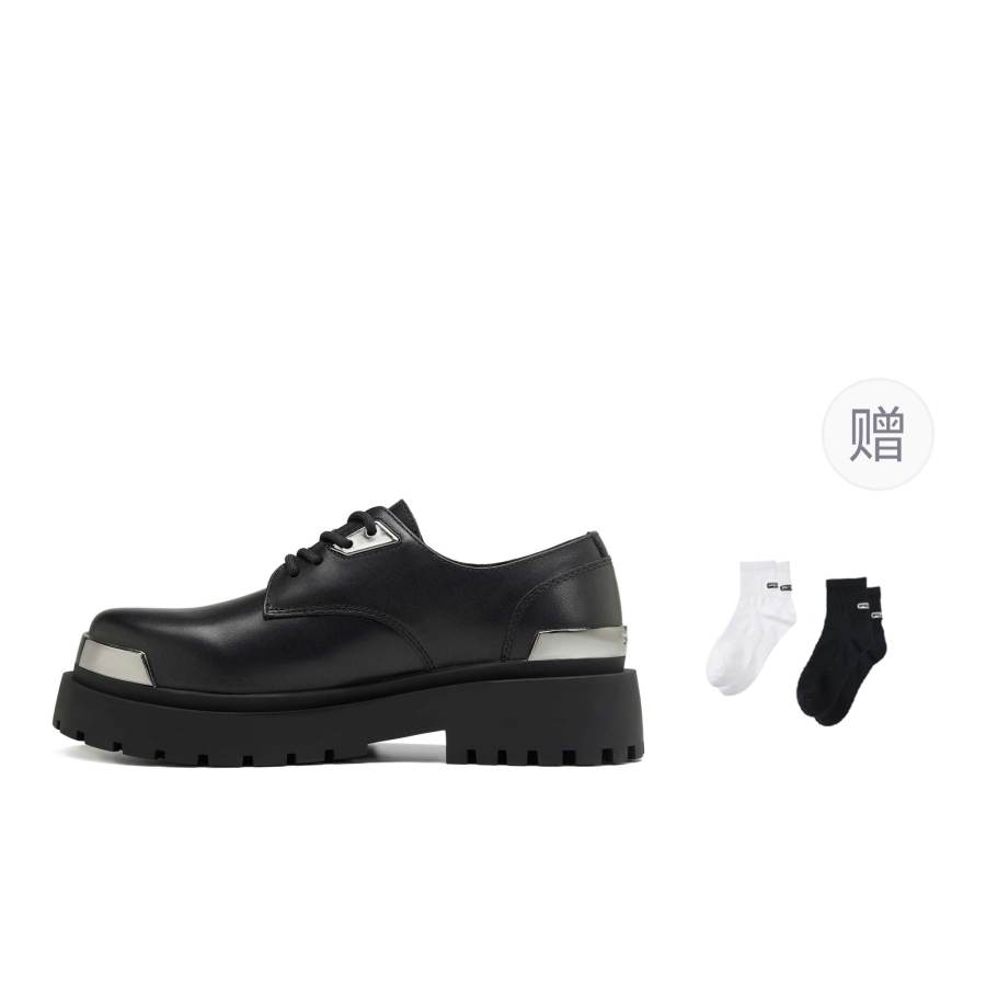 PCLP Cow Leather Round Tip Metal Plate Fashion Casual Derby Shoes Unisex Black