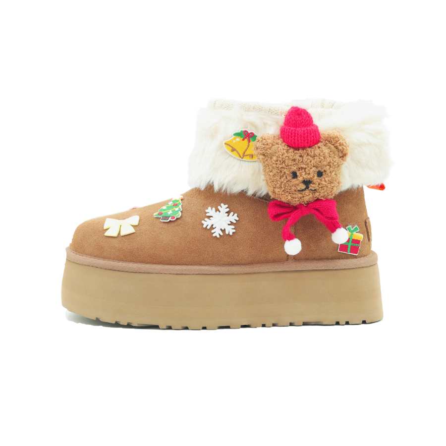 UGG Christmas Bear Sheepskin Short Snow Boots Women's Beige Brown