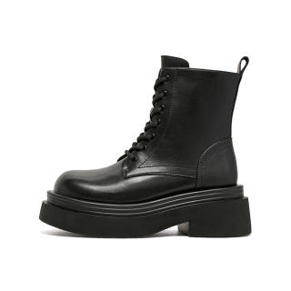 BOJUEMAO Cow Split Leather Combat Boots Women's Black/Brown