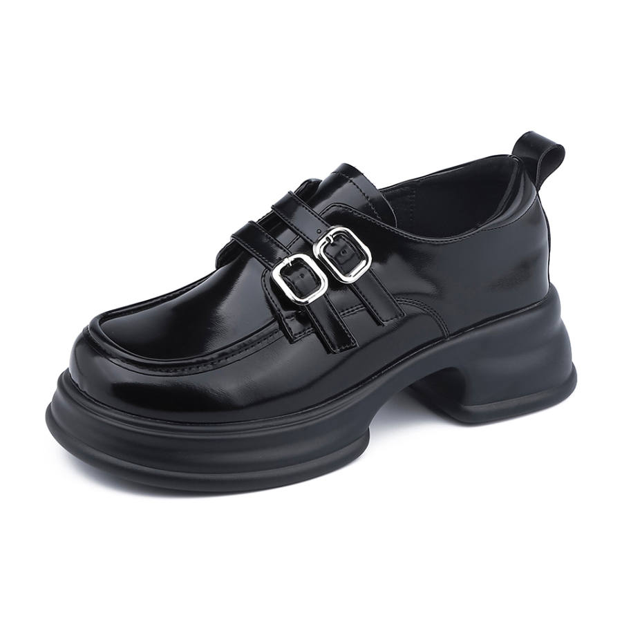 Lanza Vintage British Style Japanese Style Slip on Comfortable Lightweight Everyday Leather Loafers 5CM Women's Black