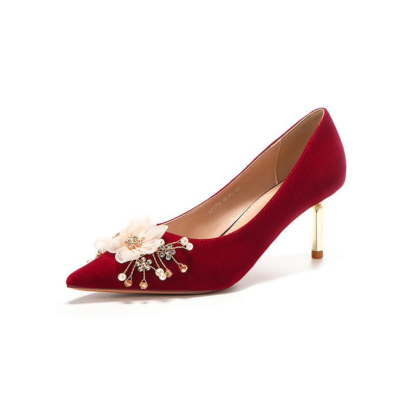 QITUMAUL Suede Slim Heel High Heels 6.5 8.5cm Women's Red