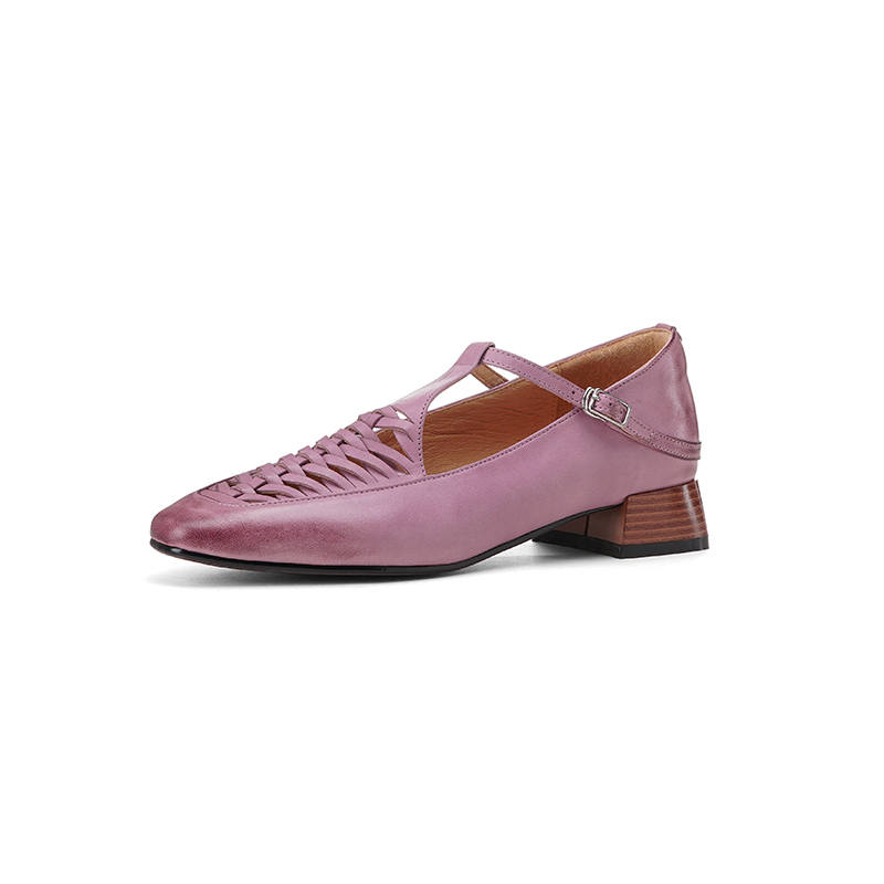 HONGYANGLIN Top Grain Cow Leather Chunky Heel Mary Jane Shoes Women's