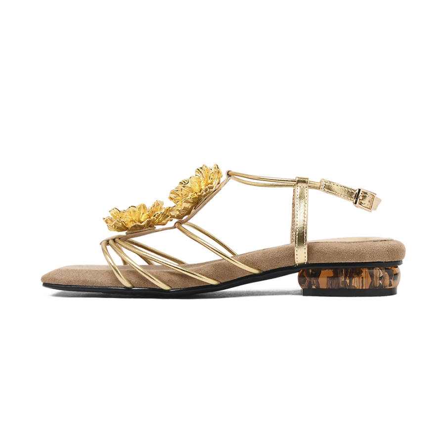 CAMEIDO Synthetic Leather One Strap Sandals Women's Gold