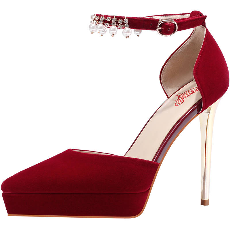 LANMOU Suede Slim Heel High Heels 12cm Women's Burgundy