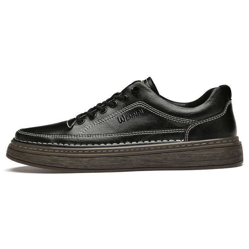 WENNAI Cow Split Leather Low top Skateboard Shoes Men's Black