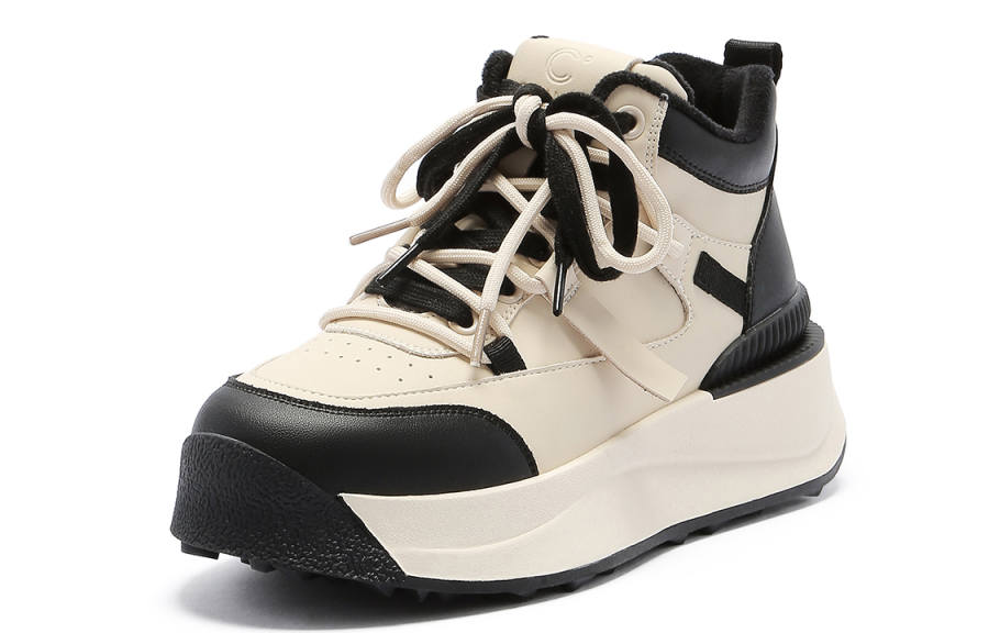 C°BANNER Leather, Fleece Lined Fashion Platform Low top Skateboard Shoes Women's Beige Black