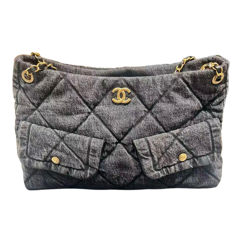 CHANEL Denim Material Gold Metal Shoulder Bag Medium Women's Black
