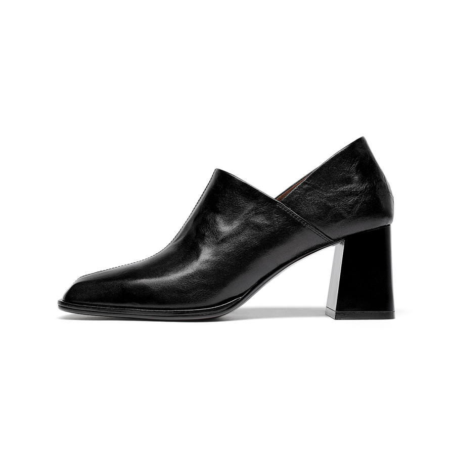 GOLDLION Cow Leather Chunky Heel High Heels 6.5cm Women's Black