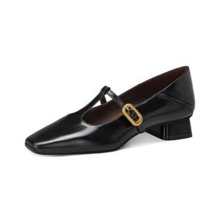 JESSICA SOPHIA Top Grain Cow Leather Block Heel Mary Jane Shoes 3cm Women's Black