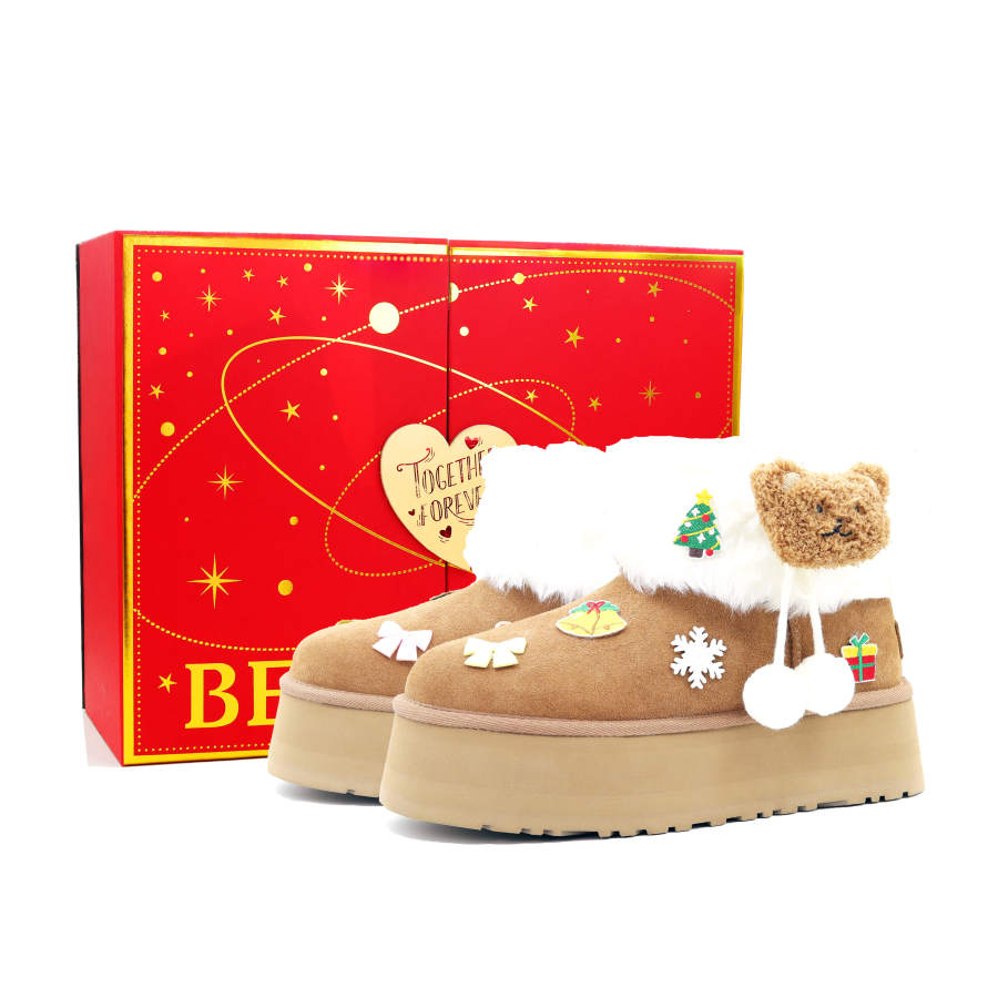 UGG Milk Bear Crispy Sheepskin Thermal Waterproof Short Snow Boots Women's White Brown