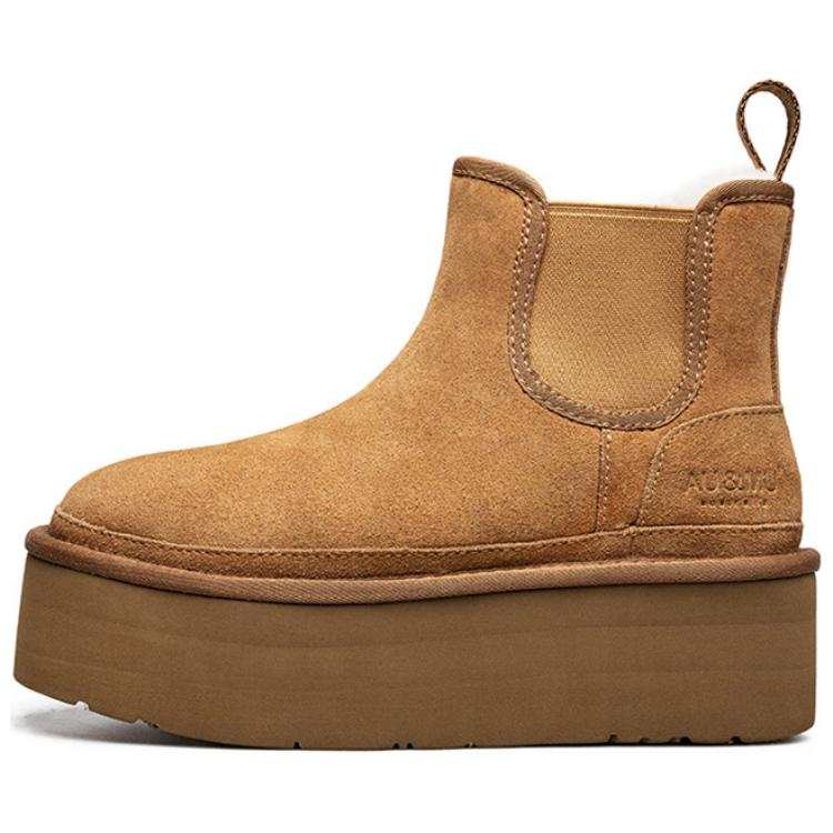AU&MU Thermal Shearling, Platform, Height Increasing, Fleece Lined, Thermal 12cm Snow Boots Women's Chestnut