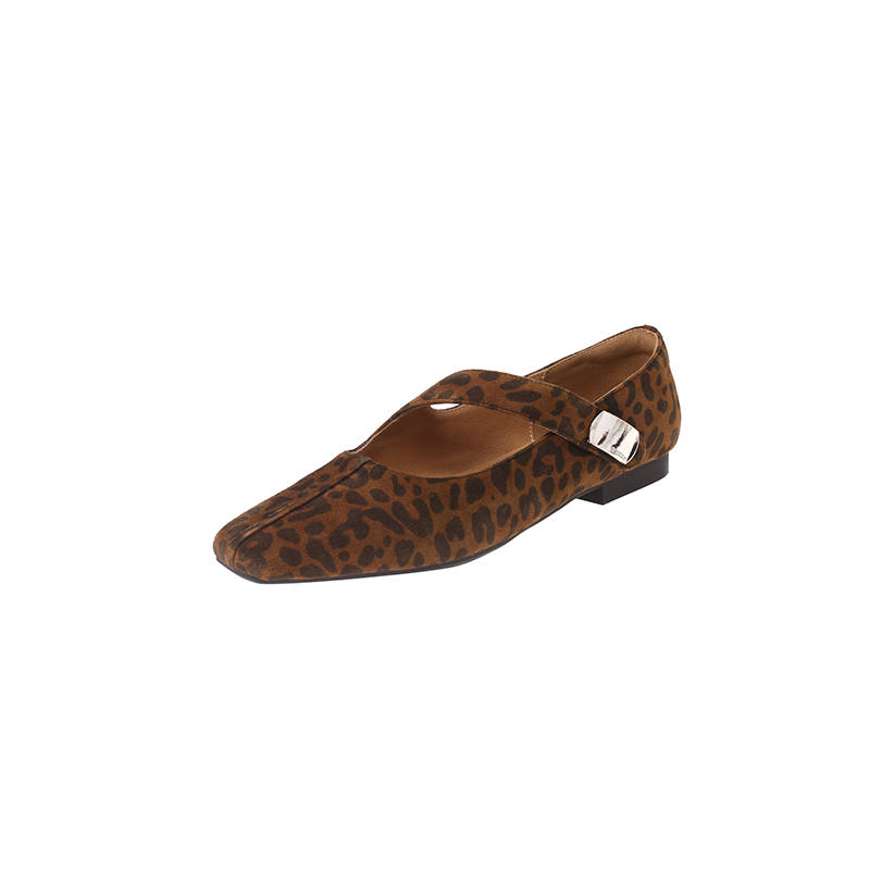 HONGYANGLIN Sheepskin Mary Jane Shoes Women's Leopard Print