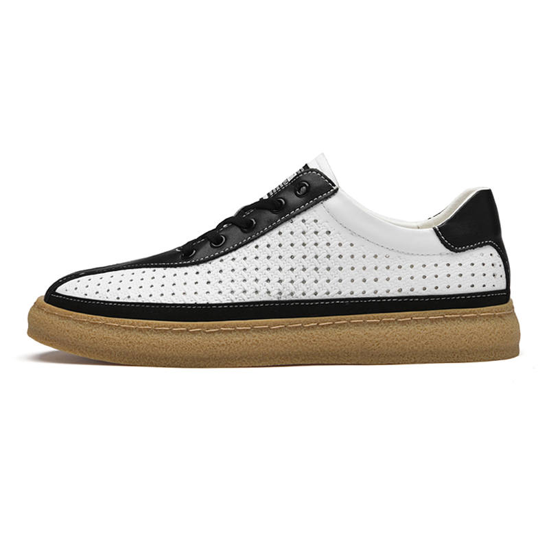 WENNAI Top Grain Cow Leather Abrasion Resistant Low top Skateboard Shoes Men's White Black Perforated