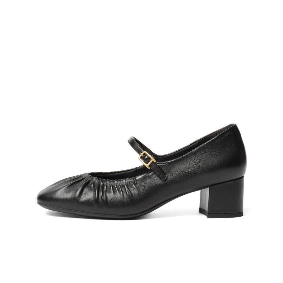 BELLE Sheepskin Block Heel Mary Jane Shoes Women's Black