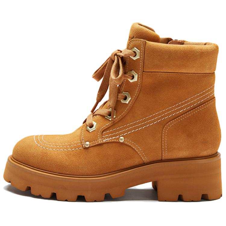 Le Saunda Cow Split Leather Short Combat Boots 4.5cm Women's Caramel Brown