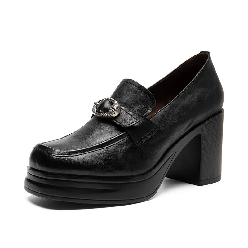 ZHR Top Grain Cow Leather Chunky Heel High Heels Women's