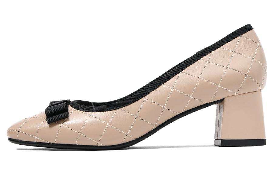 CAMEIDO Sheepskin Chunky Heel High Heels 5CM Women's Apricot