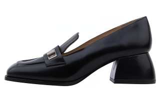 CALVIN LUO Top Grain Cow Leather Chunky Heel Loafers Women's Black