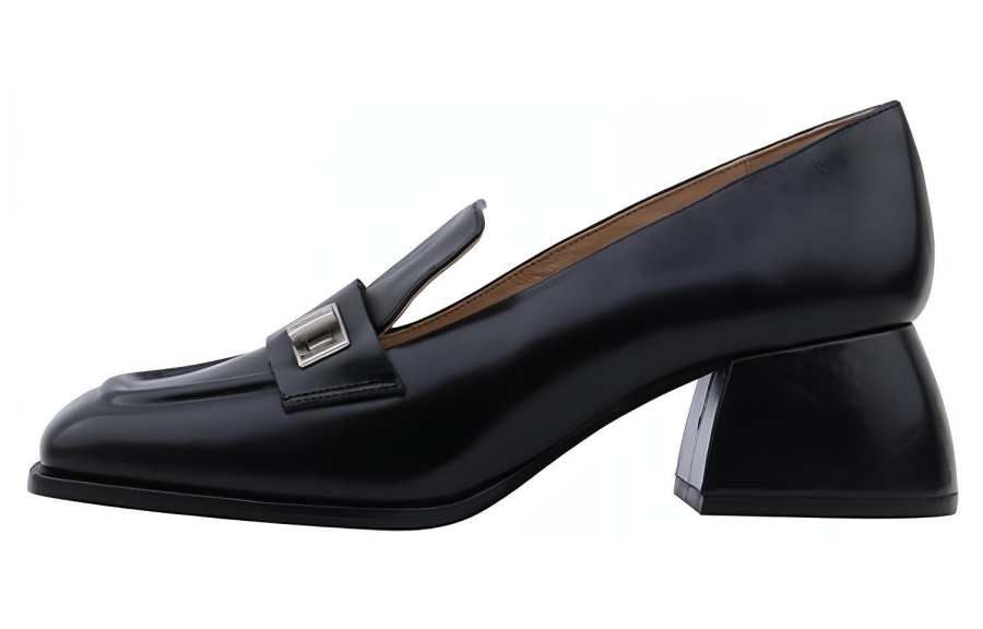 CALVIN LUO Top Grain Cow Leather Chunky Heel Loafers Women's Black