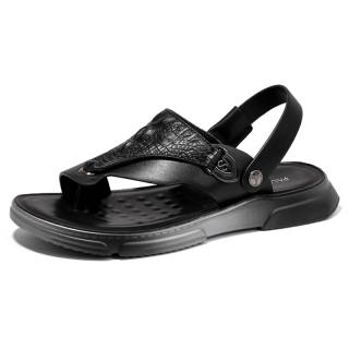 SHENGDAQISHI Top Grain Cow Leather Beach Sandals Men's Black