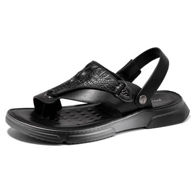 SHENGDAQISHI Top Grain Cow Leather Beach Sandals Men's Black
