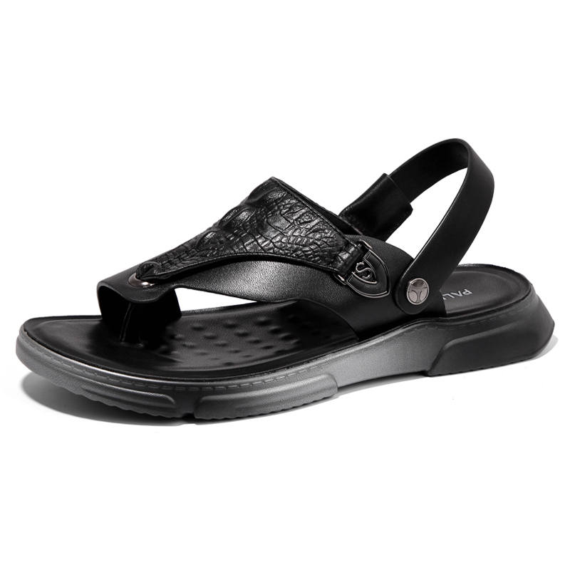 SHENGDAQISHI Top Grain Cow Leather Beach Sandals Men's Black