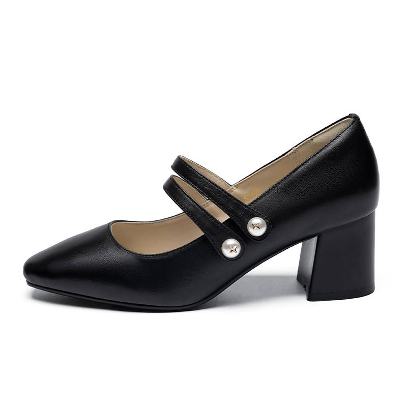 ZHR Top Grain Cow Leather Chunky Heel Mary Jane Shoes 6CM Women's