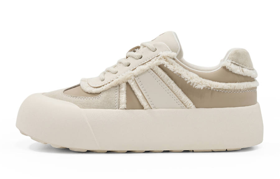 EBLAN Fleece Lined Frayed Edge Fashion Versatile Low top Casual Shoes Women's Beige Apricot