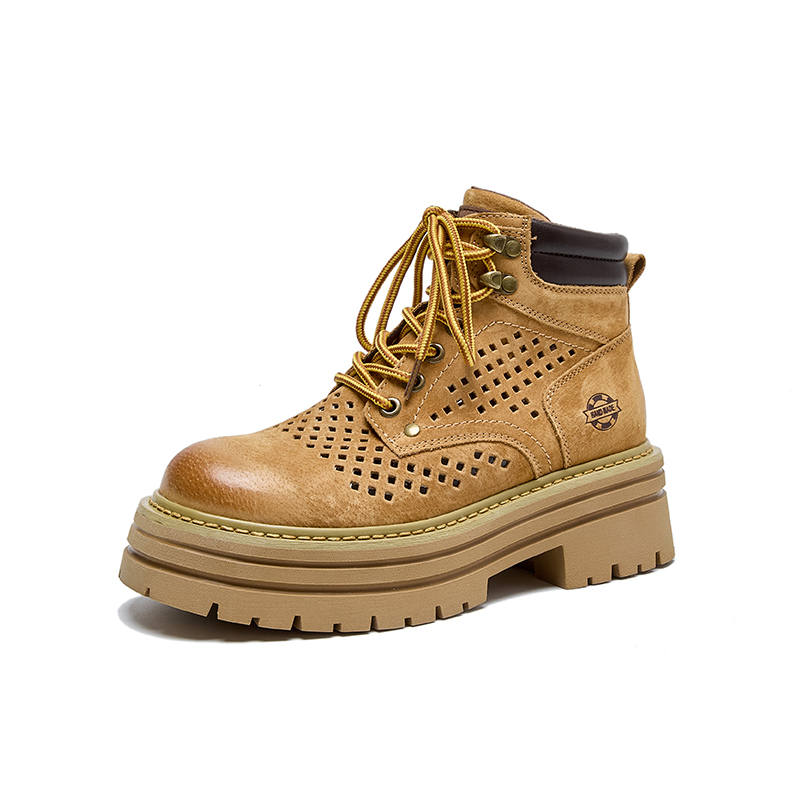 CHIBANG Top Grain Pig Leather Short Combat Boots 8CM Women's